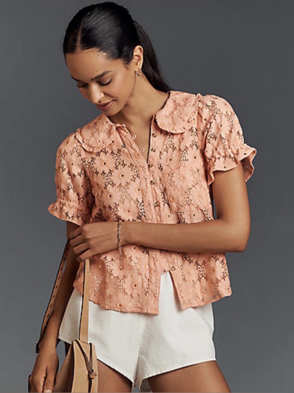 NEW PILCRO Keira Lace Blouse Coral Pink Anthropologie XS
